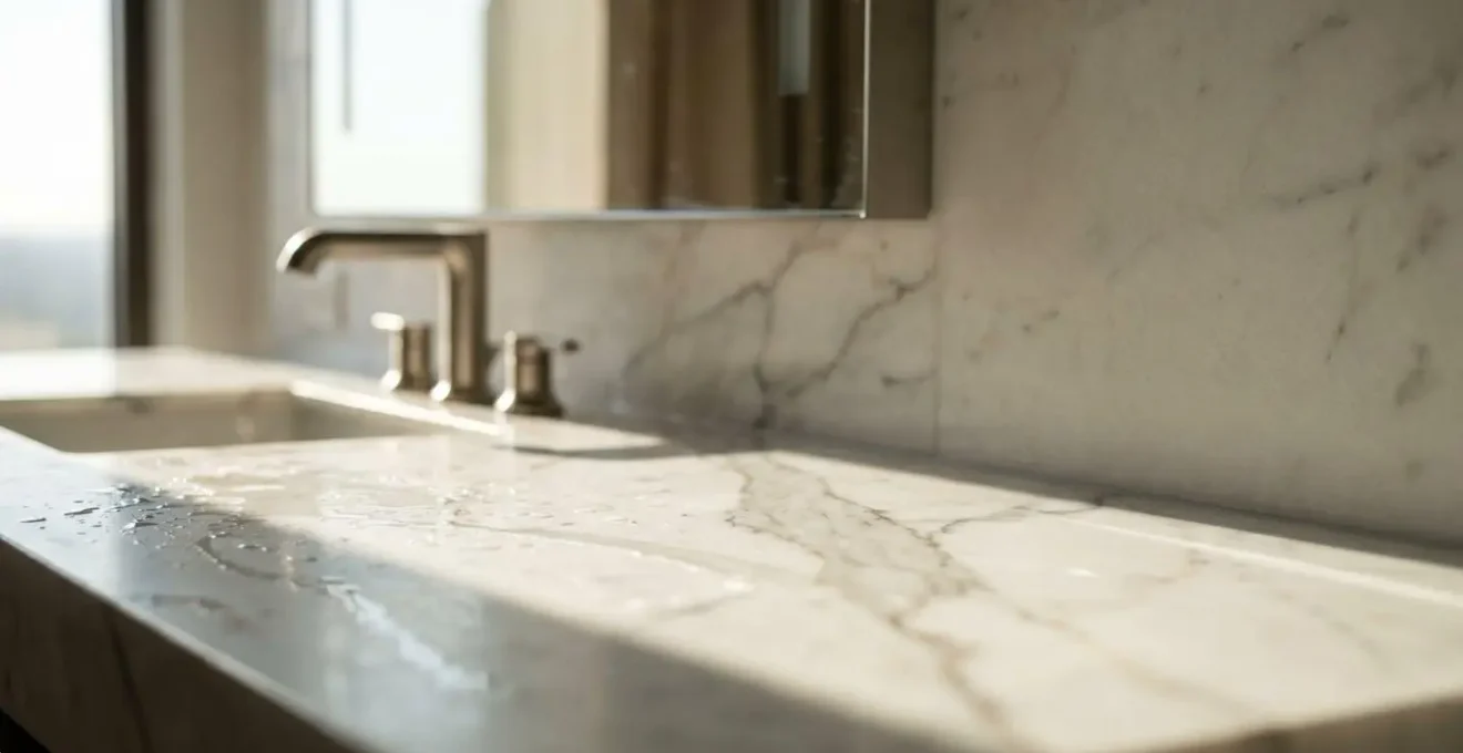 A pristine marble bathroom vanity photographed with critical detail highlighting natural stone veining and reflective surface quality