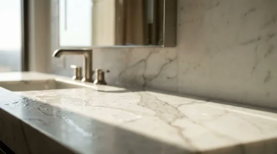 A pristine marble bathroom vanity photographed with critical detail highlighting natural stone veining and reflective surface quality