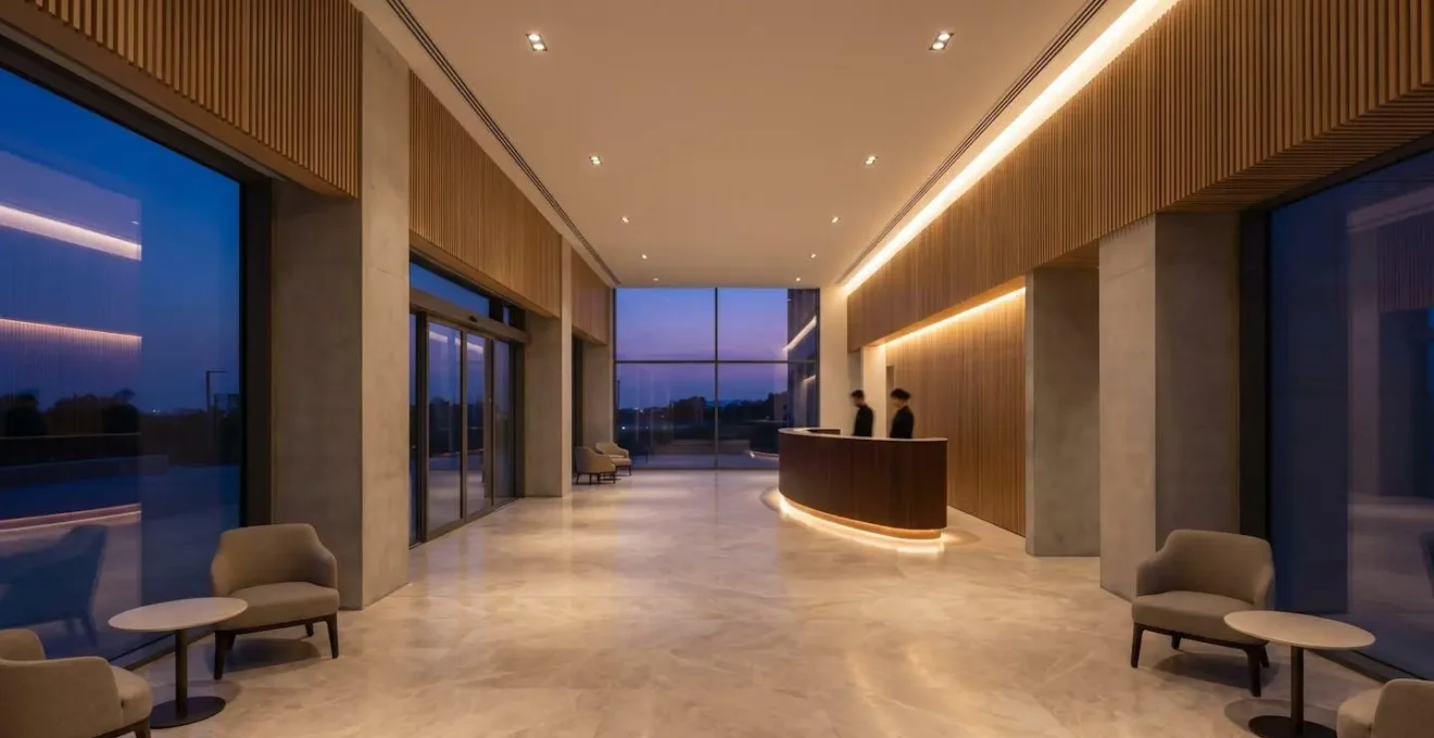 Professional hotel front desk at night with warm ambient lighting, showcasing 24-hour service availability for late travelers