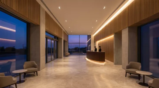 Professional hotel front desk at night with warm ambient lighting, showcasing 24-hour service availability for late travelers