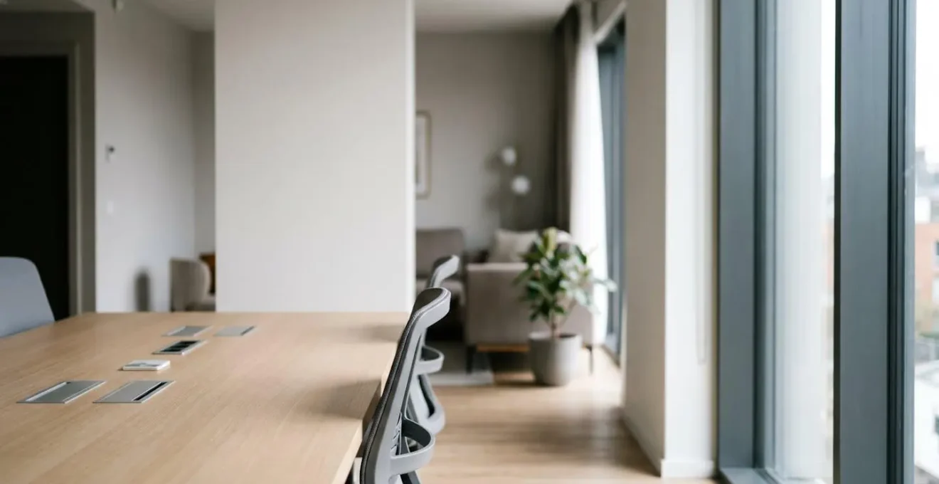 Business traveler examining modern aparthotel amenities with professional workspace and technology features
