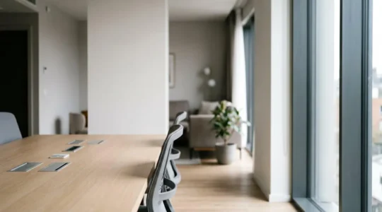 Business traveler examining modern aparthotel amenities with professional workspace and technology features