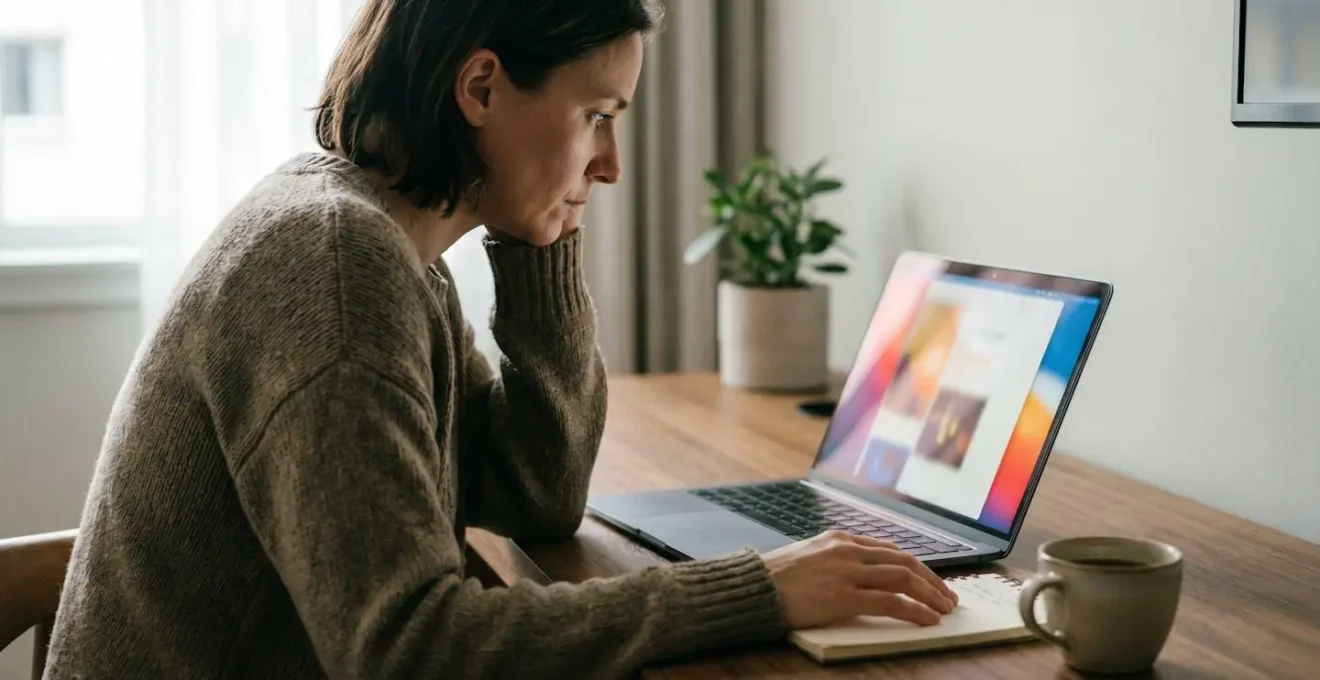 A person carefully examining hotel details on a laptop screen with magnifying glass focus, natural lighting, documentary editorial style