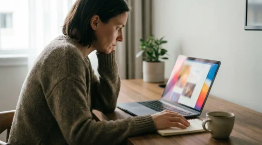 A person carefully examining hotel details on a laptop screen with magnifying glass focus, natural lighting, documentary editorial style