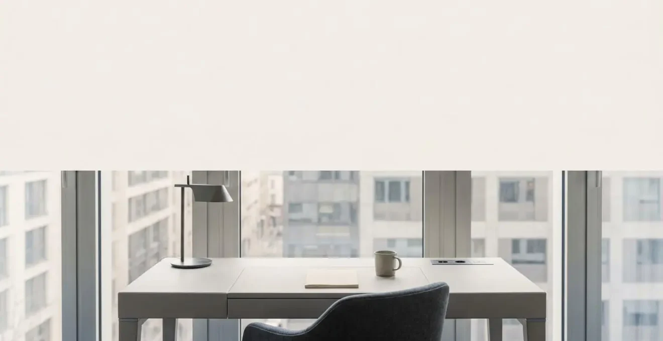 Modern business hotel workspace with strategic city view showcasing productivity-focused environment