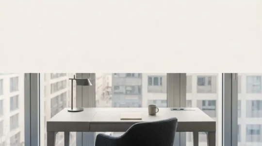 Modern business hotel workspace with strategic city view showcasing productivity-focused environment