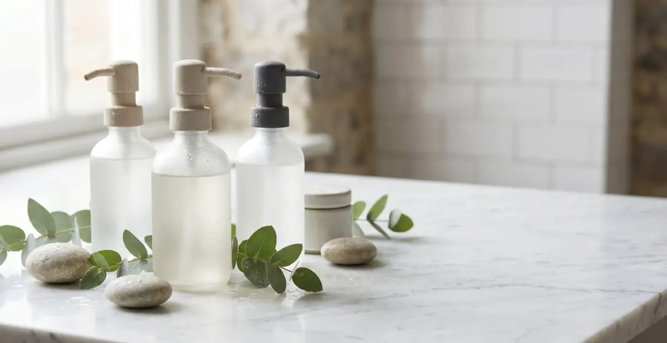 Close-up of high-end hotel bathroom amenities arranged on pristine marble surface with soft natural lighting