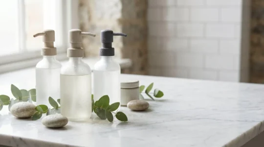 Close-up of high-end hotel bathroom amenities arranged on pristine marble surface with soft natural lighting