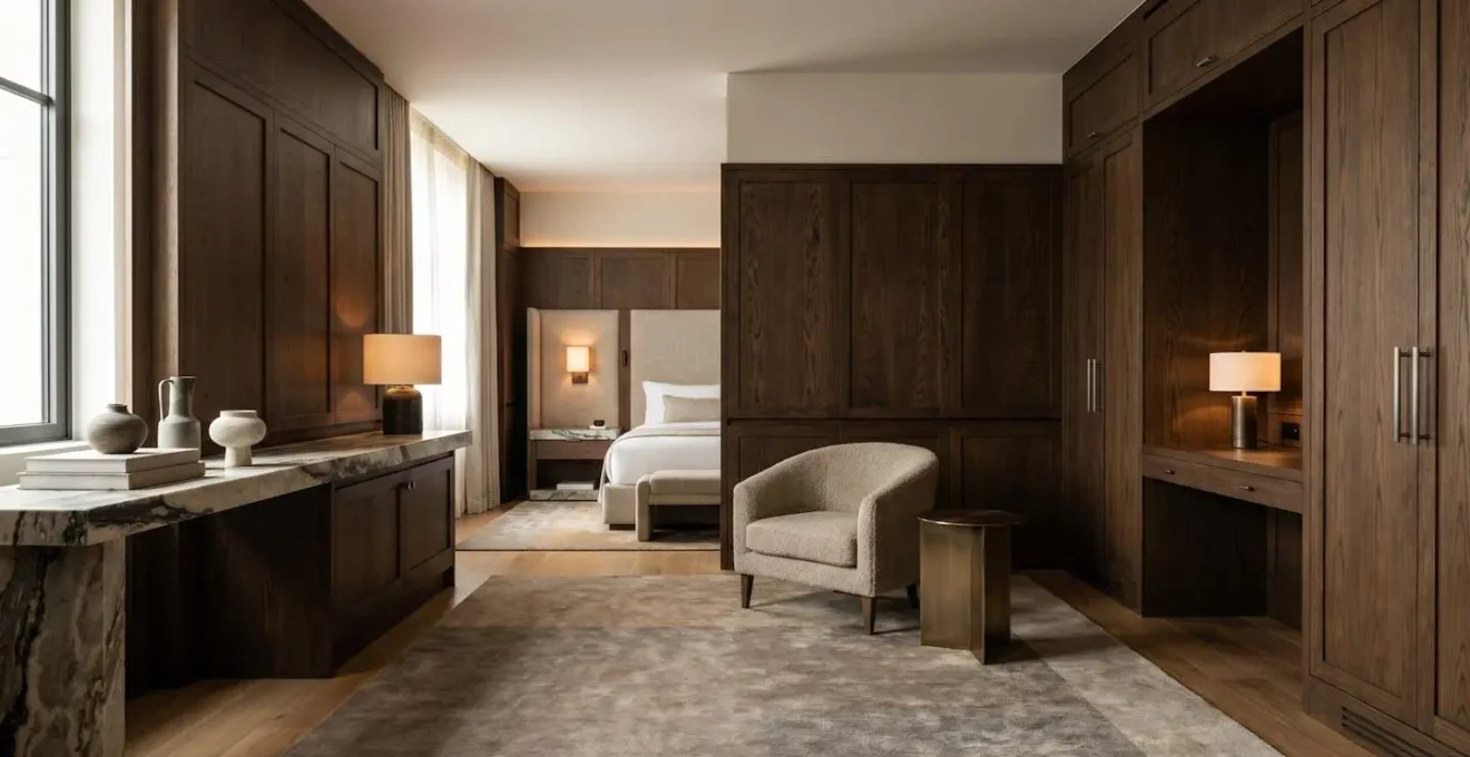 Sophisticated luxury hotel room interior showcasing authentic design excellence through natural materials and timeless craftsmanship