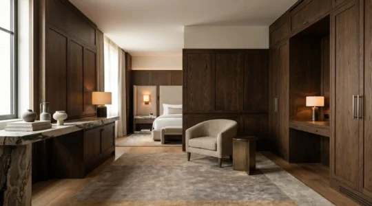 Sophisticated luxury hotel room interior showcasing authentic design excellence through natural materials and timeless craftsmanship