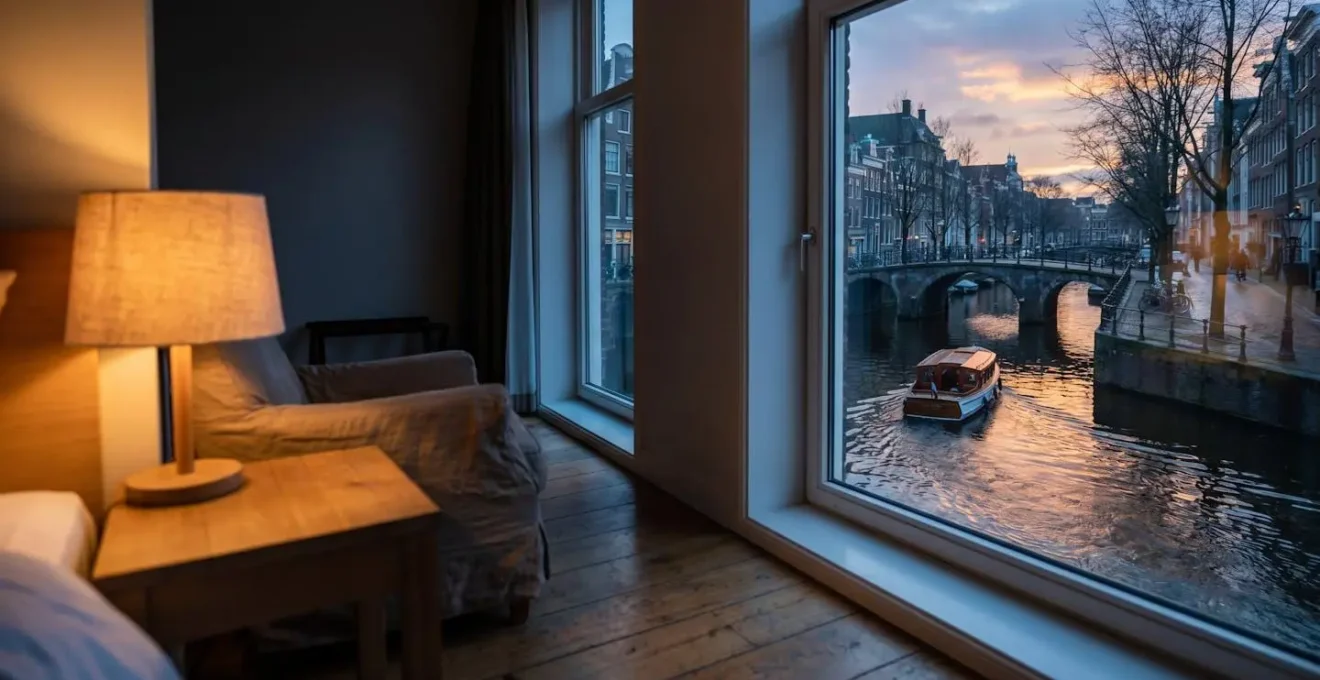 Intimate European canal-side hotel room with evening reflections on water