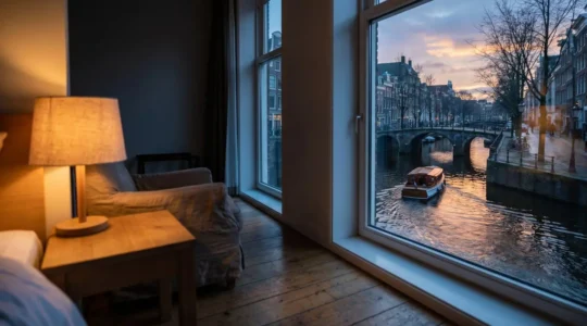 Intimate European canal-side hotel room with evening reflections on water
