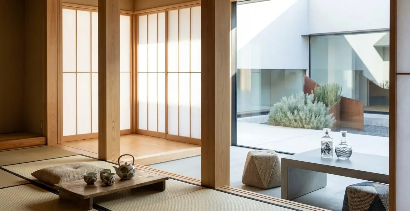Traditional Kyoto ryokan room with tatami mats and sliding shoji screens contrasted with modern hotel elements in soft natural lighting