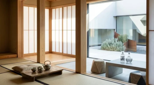Traditional Kyoto ryokan room with tatami mats and sliding shoji screens contrasted with modern hotel elements in soft natural lighting