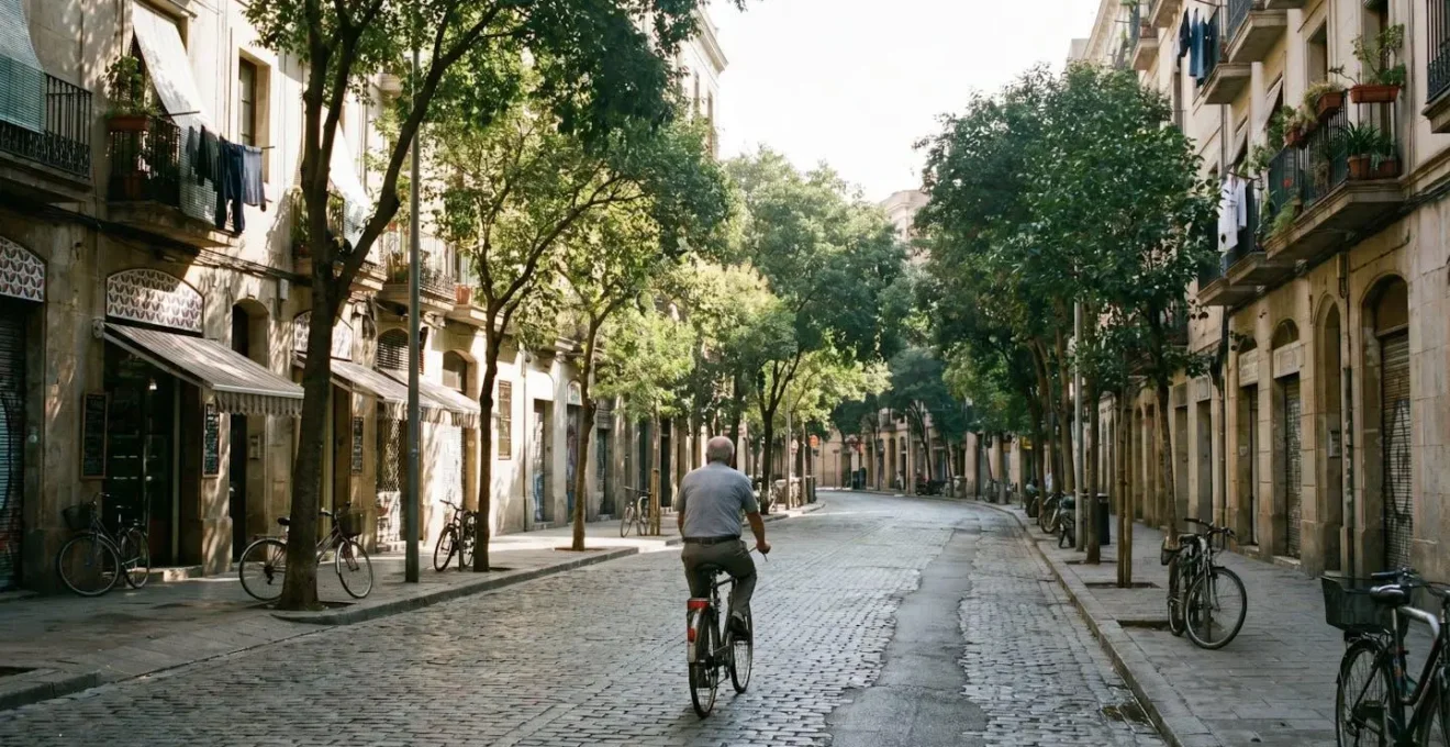 Cyclist exploring a quiet residential neighborhood street with local character and authentic urban architecture