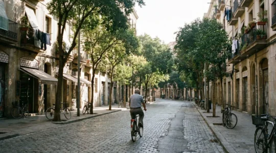 Cyclist exploring a quiet residential neighborhood street with local character and authentic urban architecture