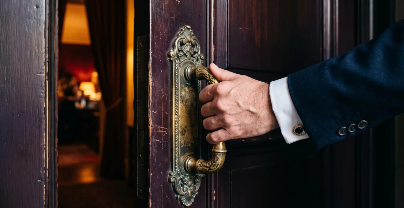 A hand reaching for a patinated brass door handle on a wooden door slightly open to a warm amber-lit interior.