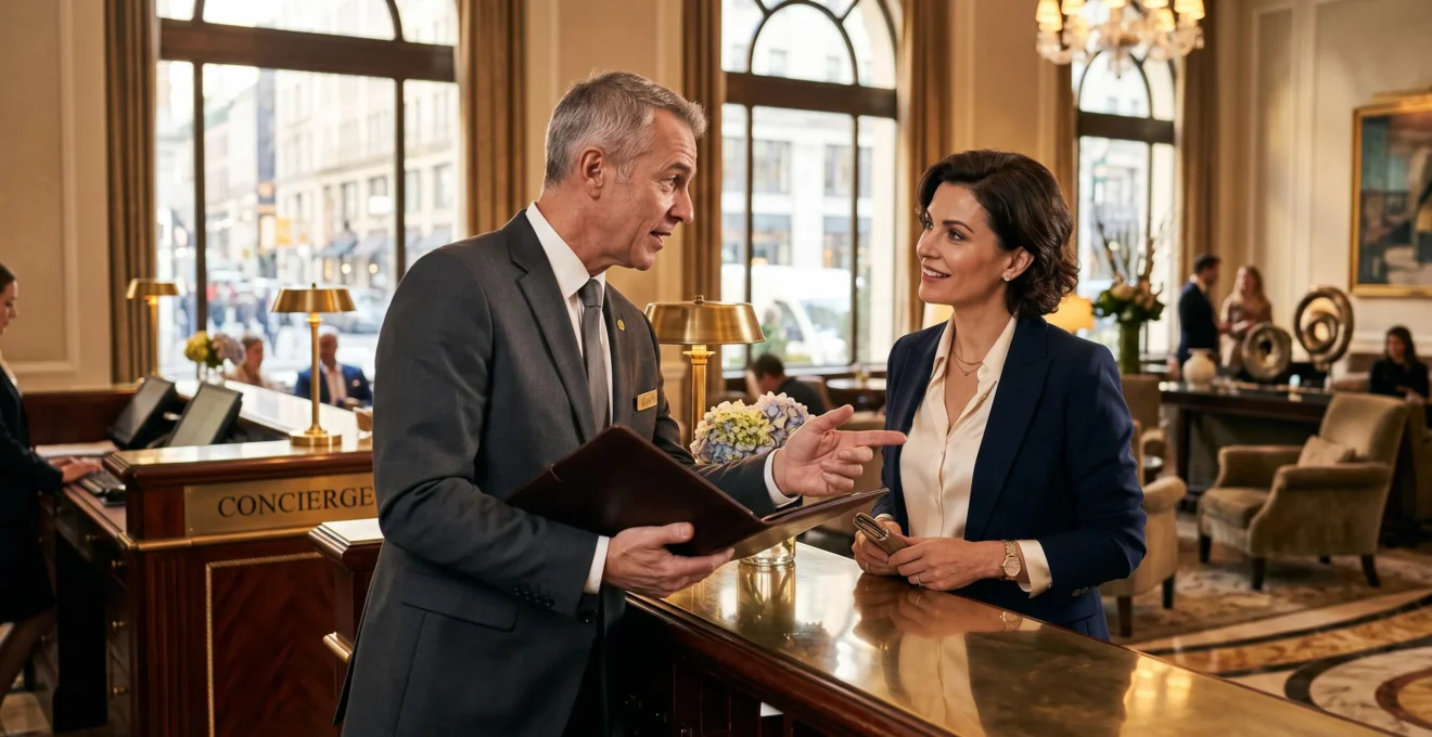 A hotel concierge in a dark suit speaking with a female guest at a brass and mahogany reception desk in a warmly lit luxury lobby.
