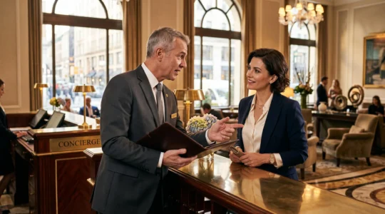 A hotel concierge in a dark suit speaking with a female guest at a brass and mahogany reception desk in a warmly lit luxury lobby.
