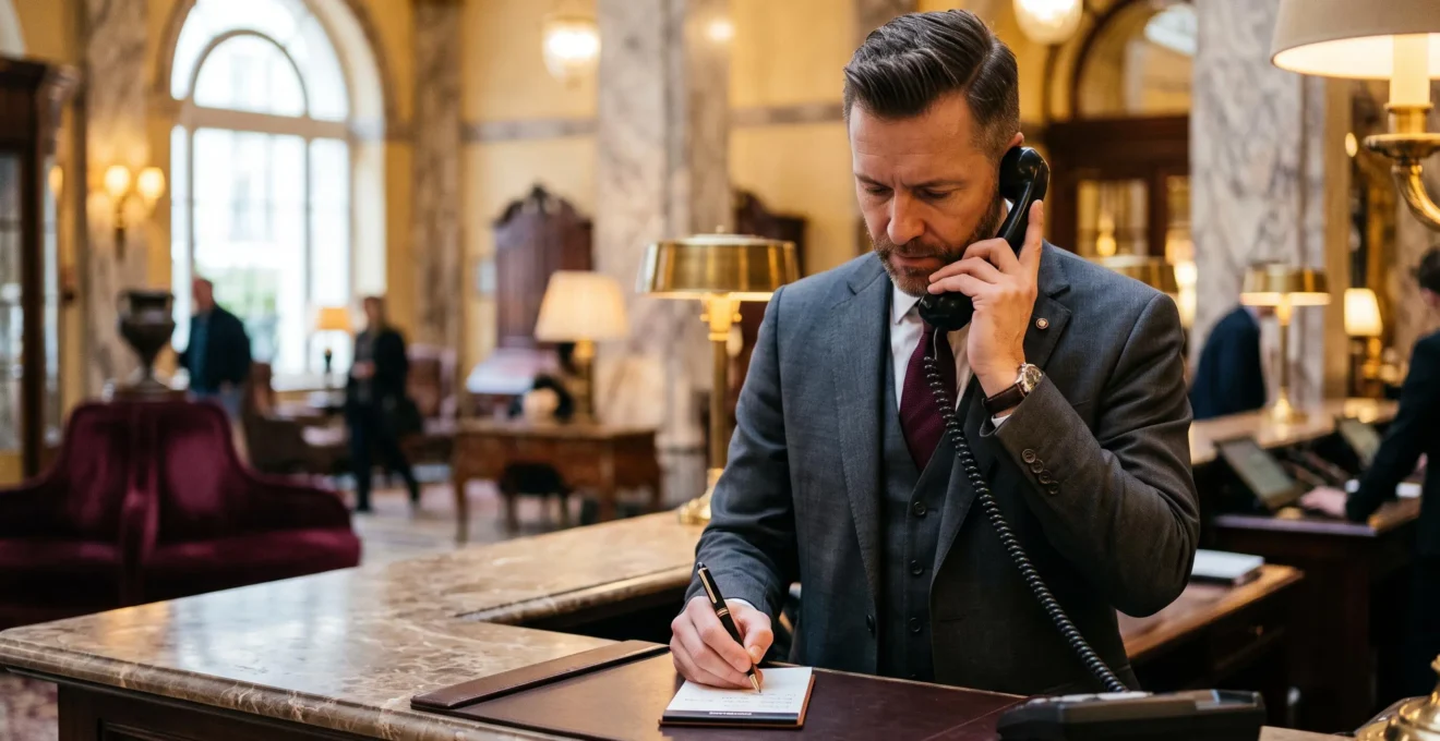 A hotel concierge speaking on a landline phone while writing a note behind the reception desk of a luxury hotel lobby.
