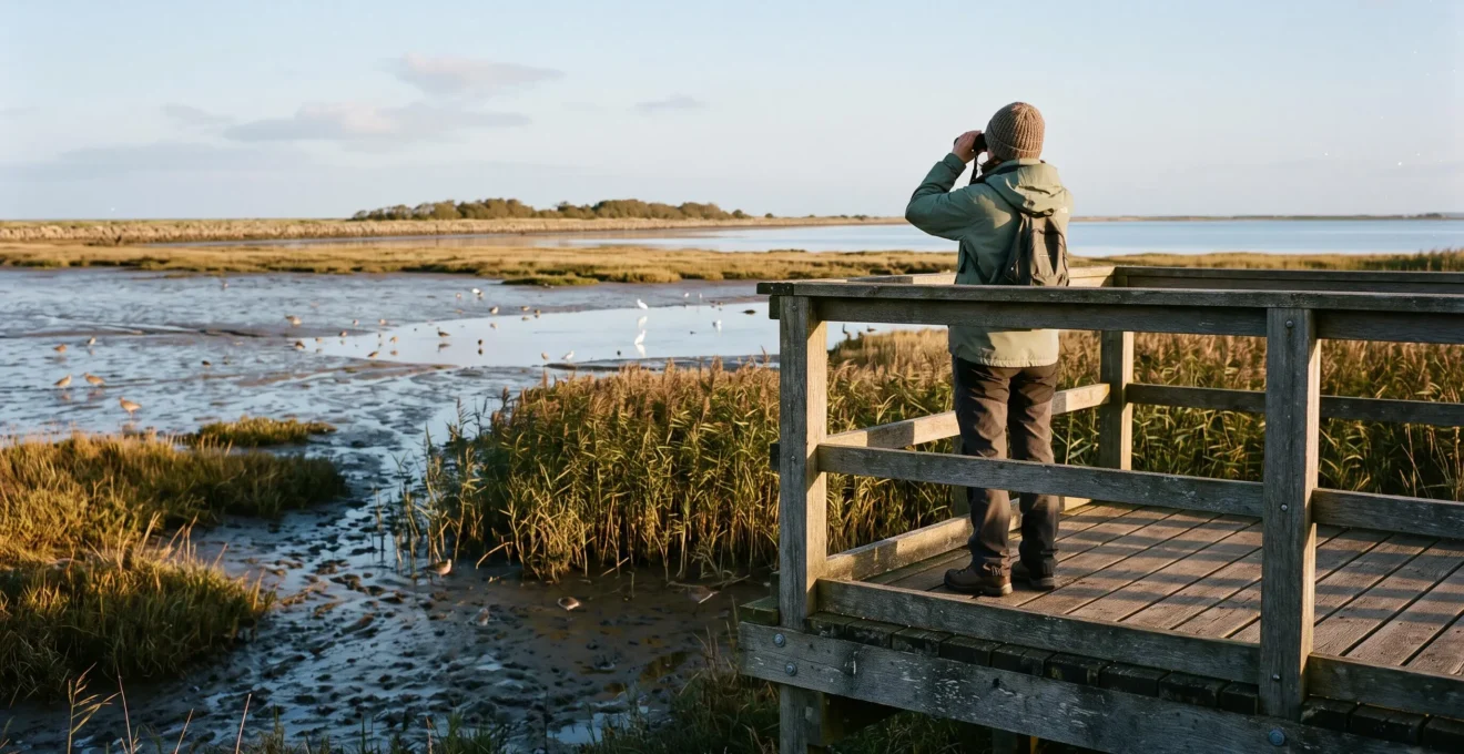 Person with binoculars observing wading birds from a wooden platform over a coastal reserve.