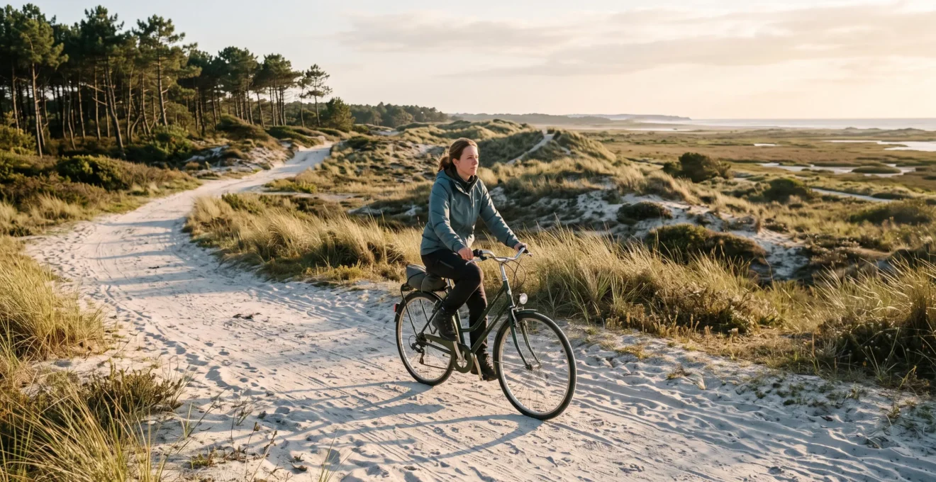 Cyclist riding on a sandy dune path between pine trees and salt marshes in soft morning light.