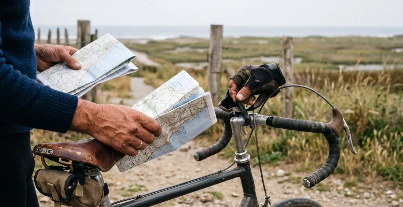 Cyclist pausing on a coastal trail, adjusting the handlebar and checking a folded paper map.