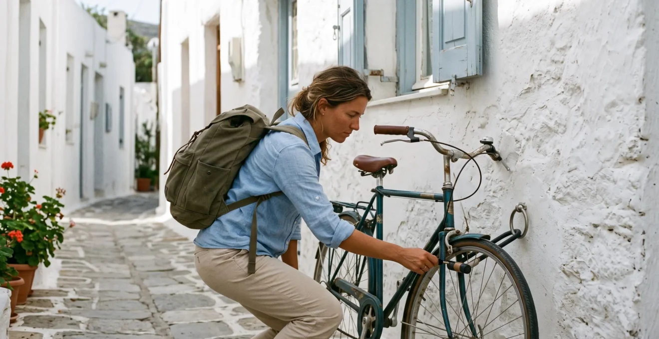 Traveler unlocking a bicycle against a whitewashed house wall with blue shutters in a quiet lane.